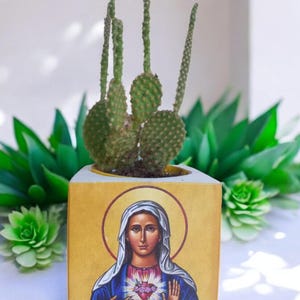 May include: A small wooden planter with a yellow background and an image of the Virgin Mary with a heart on her chest. The planter is filled with a small cactus plant.
