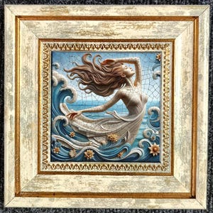 May include: A framed ceramic wall art piece depicting a woman with flowing hair emerging from a wave. The woman is wearing a white dress and the wave is blue with white foam. The background is a mosaic of blue and white tiles.