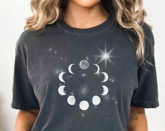 Celestial Shirt Moon Phase and Stars,  Moon Graphic Apparel, Astrology Shirt, Galaxy  Comfort Colors, Garment Dyed,  Oversized.