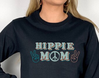 Camiseta de manga larga estilo hippie retro para mamá, con el símbolo de la paz, ideal como regalo para el Día de la Madre.