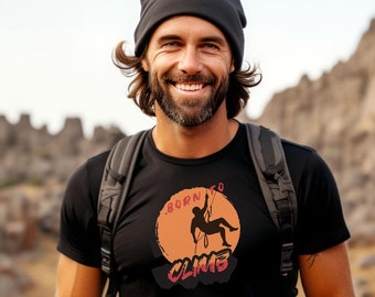 Camiseta con silueta de escalador retro Born To Climb - Gráficos de escaladores de roca - Camiseta gráfica de rappel