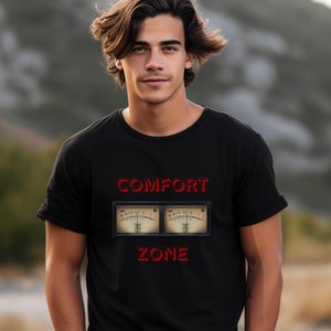 May include: A black t-shirt with a red graphic of two audio level meters and the text "COMFORT ZONE".