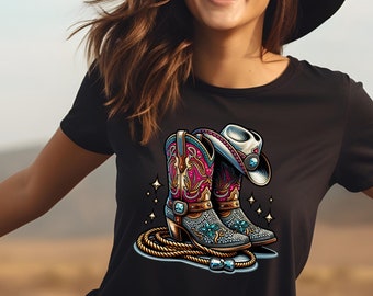 Rhinestone Bejeweled Cowgirl Graphic with Lasso and Hat - Western Themed Women&#39;s Graphic Tee adorned with Bling