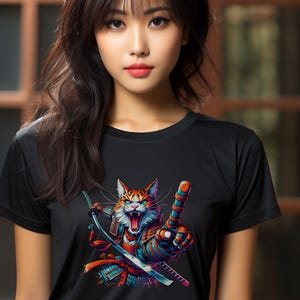 Camiseta unissex de manga curta com estampa de gato guerreiro ninja anime, gráfico vetorial, design colorido, camiseta com espada katana, estilo japonês