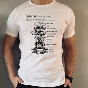 Peut inclure: T-shirt blanc avec un schéma détaillé des composants internes d'une montre, avec des étiquettes telles que "Watch Hands" et "Gear Train". Le mot "HOROLOGY" est imprimé en haut. Le t-shirt est porté par une personne.