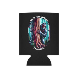 Funny Bigfoot Hide-N-Seek Can Cooler - Sasquatch Can  koozie With Forest Scene