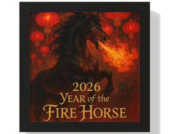 2026 Feuerpferd Chinesisches Sternzeichen gerahmtes horizontales Poster | Mondkalender Wandkunst
