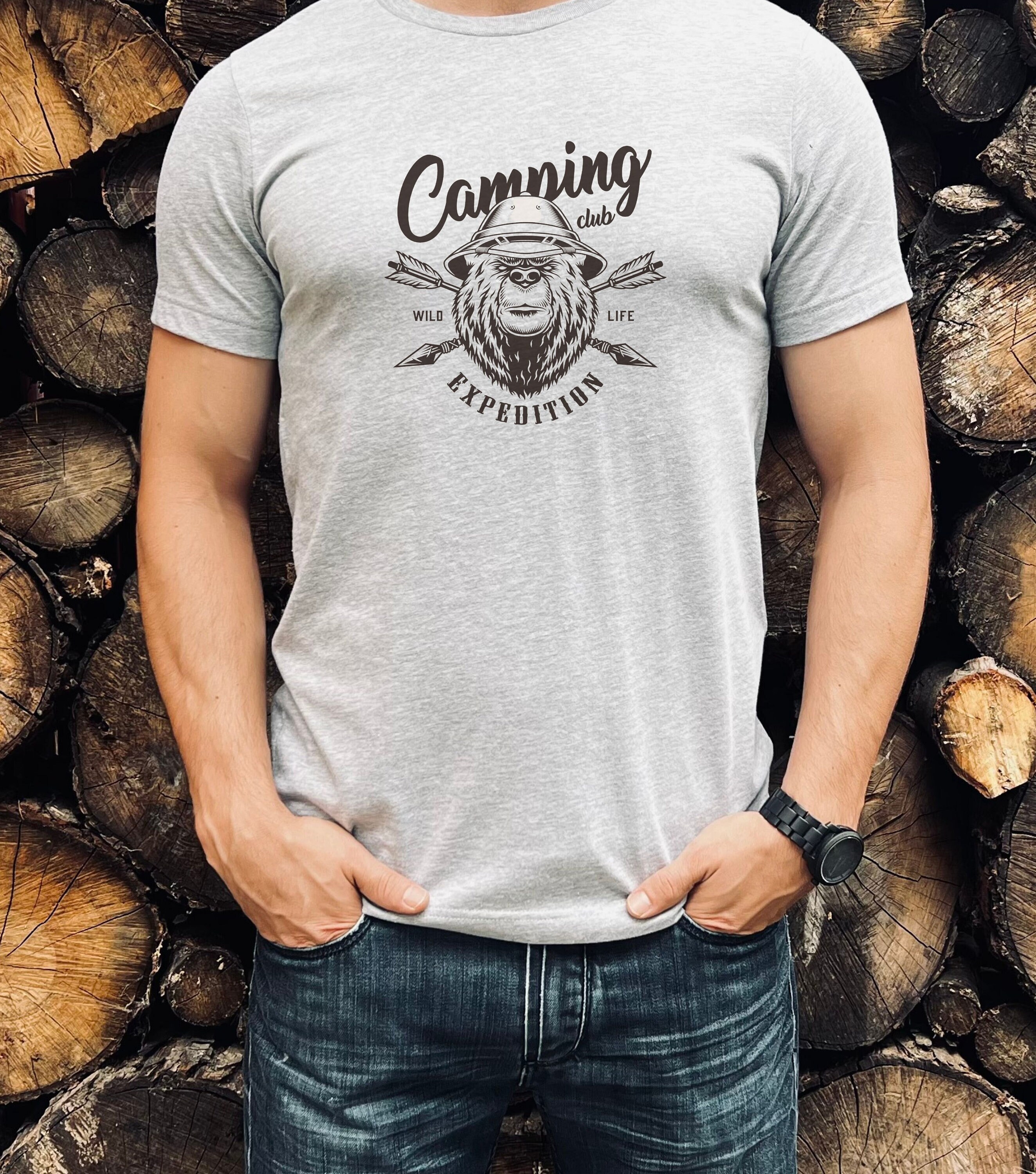 Funny Camping Bear Men's Cotton Crew Tee. Camping Shirt