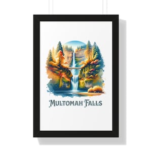 Framed Water Color Image of Multnomah Falls - Columbia River Gorge Scenic Poster - Famous Waterfalls