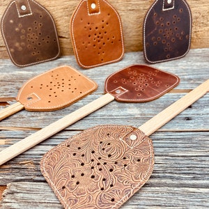 Hand crafted Leather Fly Swatter with Finished Durable Wood Handle