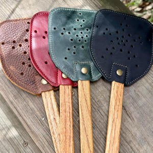 Handcrafted Leather Fly Swatter: Durable Wood Handle, Home Decor