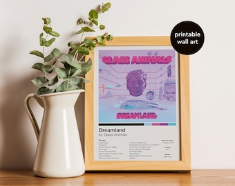 May include: A framed print of the album cover for "Dreamland" by Glass Animals. The album cover features a pink and blue color scheme with a 3D rendering of a human head. The album title is printed in black text below the image. The album tracklist is printed below the title.