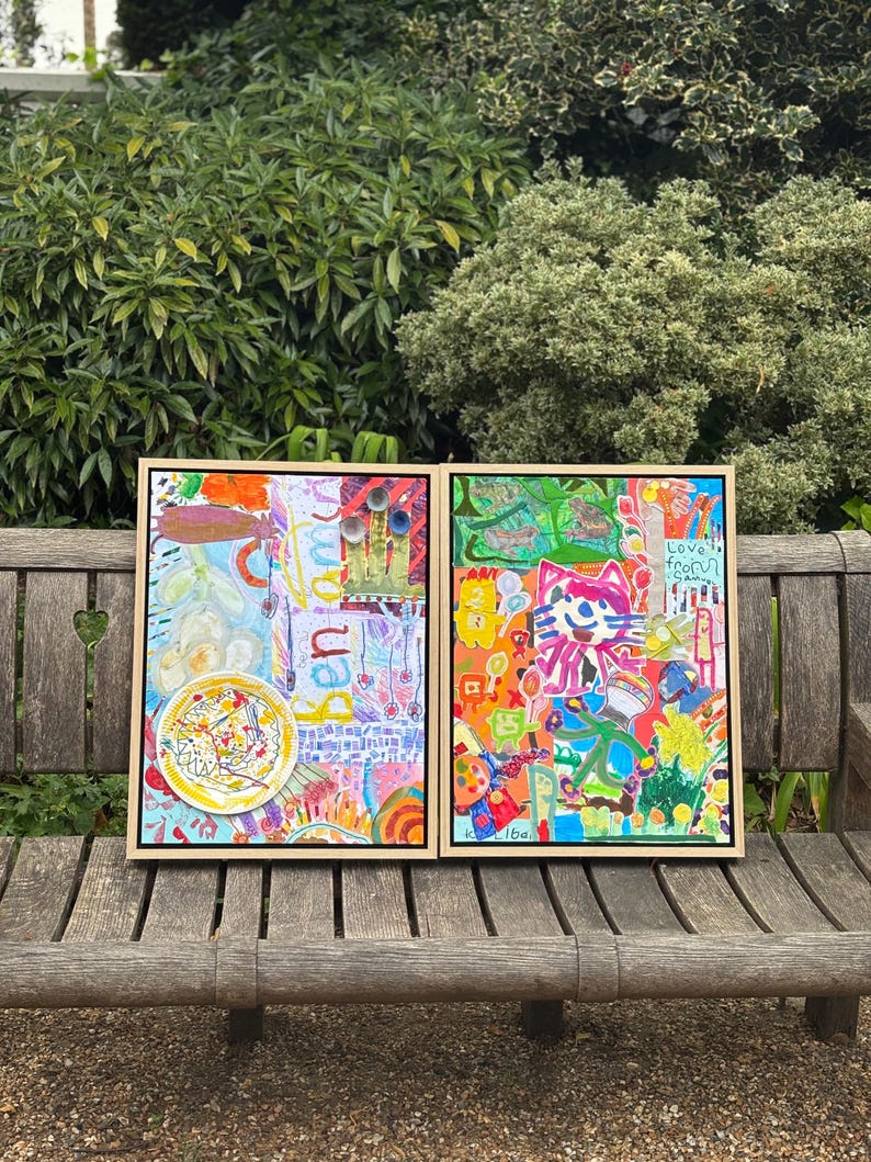 May include: Two rectangular framed artworks featuring vibrant, multi-colored mixed media collages. The left piece includes the name Benjamin in yellow text, while the right piece displays a pink cat illustration and the text Love from Samuel.
