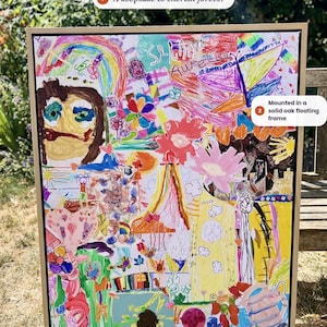 May include: A rectangular artwork featuring a colorful collage of children's drawings, including rainbows, flowers, and abstract shapes, mounted in a light-colored solid oak floating frame. The text "What You Get" appears at the top.