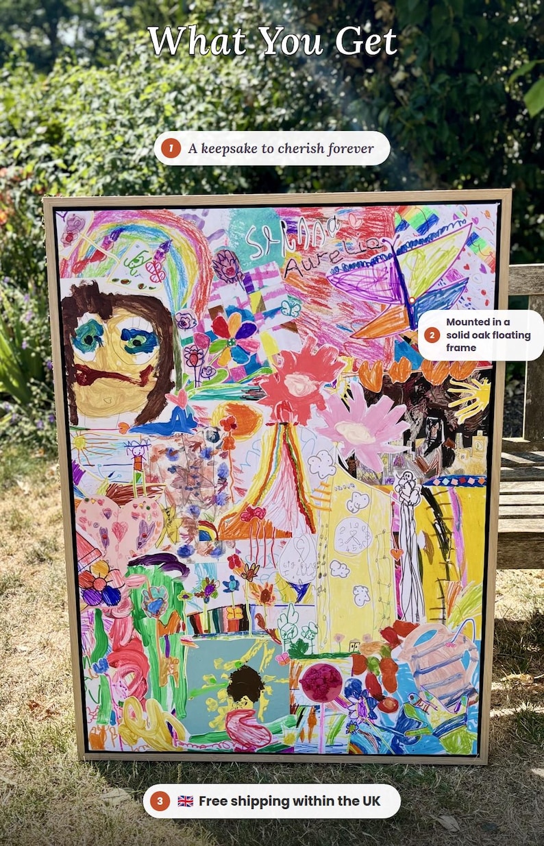 May include: A rectangular artwork featuring a colorful collage of children's drawings, including rainbows, flowers, and abstract shapes, mounted in a light-colored solid oak floating frame. The text "What You Get" appears at the top.