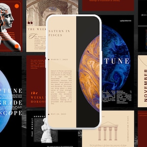 May include: A collection of digital art pieces with a celestial theme. The images feature planets, classical sculptures, and astrological text. The color palette includes shades of red, black, and beige.