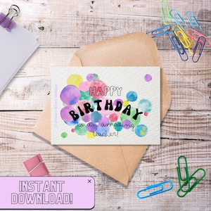Cartão de aniversário do professor | Feliz aniversário para um professor incrível! | Cartão digital para impressão, pintado à mão com aquarela | Presentes para professores