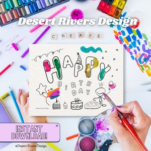 Carte de coloriage joyeux anniversaire | Carte à colorier pour enfants | Carte imprimable numérique | Cadeaux d'anniversaire personnalisés | Carte-cadeau de couleur bricolage