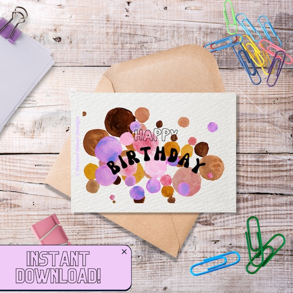 Happy Birthday Card | Pink and Brown Polka dots | Digital Printable Card, hand painted using watercolours | birthday gifts