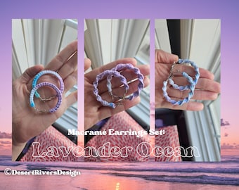 Set of 3 Macrame Earrings, Lavender Ocean Collection: Multi-coloured earrings with violet purple, pastel blue, turquoise green, and white