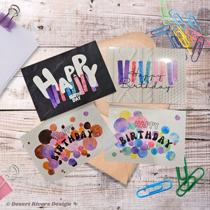 Conjunto de 4 cartões de feliz aniversário | Conjunto de cartões físicos brilhantes, velas e bolinhas, cartões feitos à mão, pacote de 4, lindas cores pop