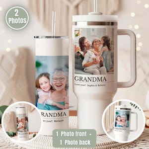 May include: Two white tumblers with handles and straws, featuring custom photo prints of a grandmother with children. The text GRANDMA and Love you!! followed by names is printed below the photos on both drinkware items.