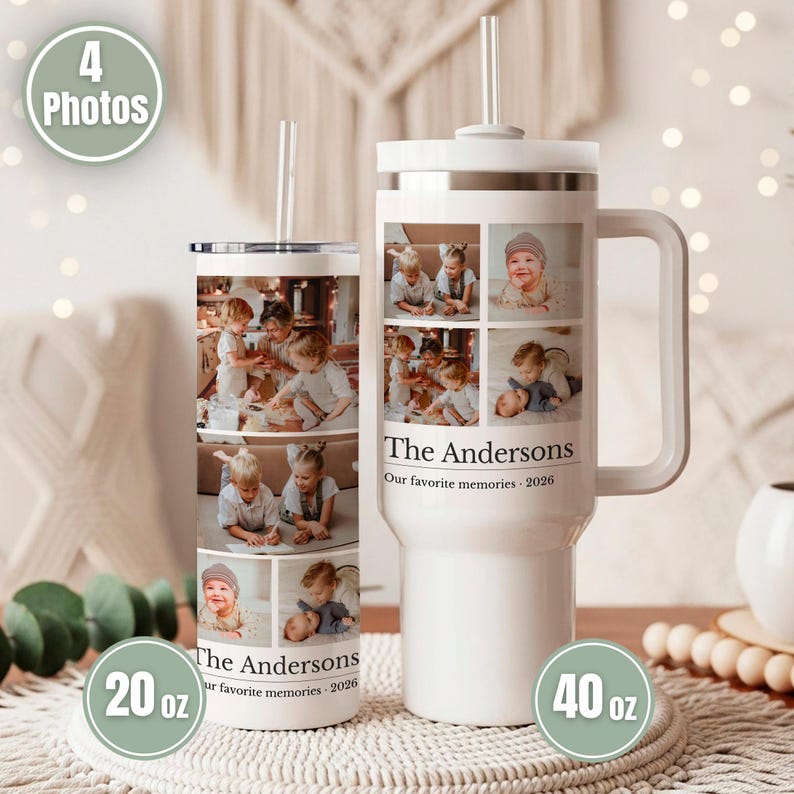 May include: A 20 oz cylindrical tumbler and a 40 oz handled tumbler, both white with clear straws. Each features four photo collages of children, the text The Andersons, and the phrase Our favorite memories - 2026 printed on the exterior surface.