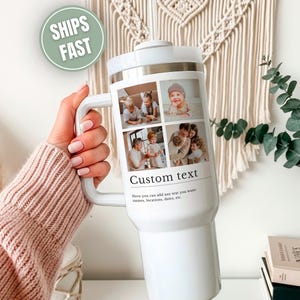 May include: White travel mug with a handle, featuring a collage of family photos and the text "Custom text." The mug has a white lid and a silver rim. The text "Here you can add any text you want: names, locations, dates, etc." is also visible.