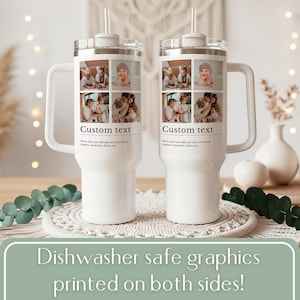 May include: Two white stainless steel tumblers with handles and clear lids with straws. Each tumbler features a four-panel photo collage of family members, the text "Custom text", and the phrase "Here you can add any text you want: names, locations, dates, etc."