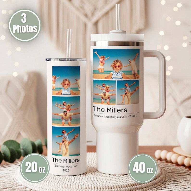 May include: A white 20 oz slim tumbler and a white 40 oz handled tumbler, both featuring custom photo collages of a family on a beach, the text The Millers, and the text Summer vacation 2026, each topped with a clear straw and lid.