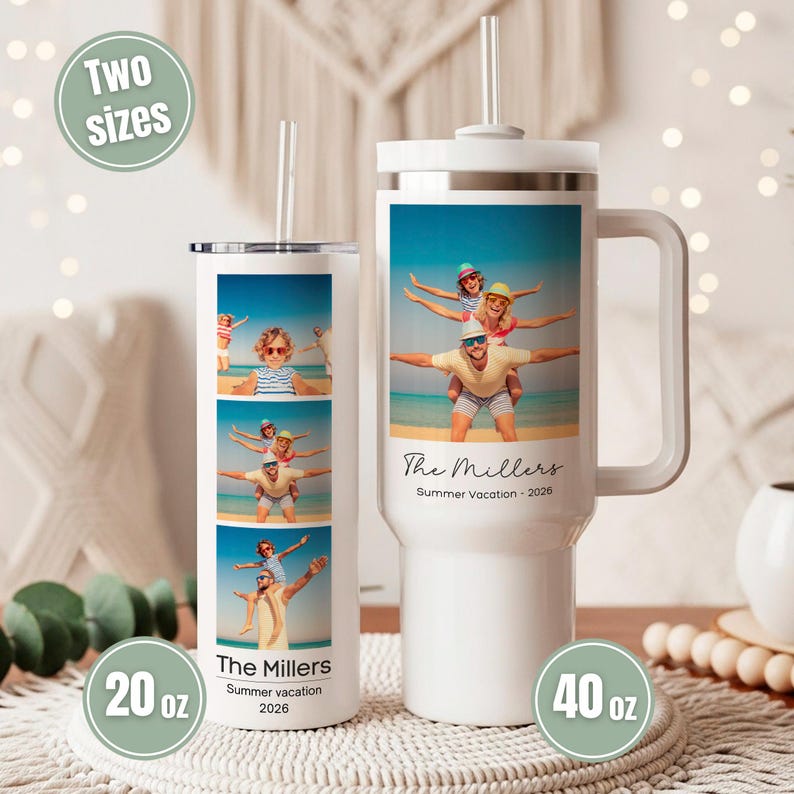 May include: Two white stainless steel tumblers with straws, one 20 oz slim and one 40 oz with a handle. Both feature custom photo prints of a family at the beach, the text The Millers, and the text Summer Vacation 2026 printed on the lower section.