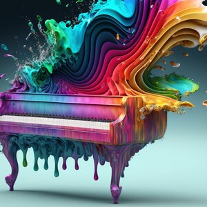 Puede incluir: Un piano de cola pintado en colores vibrantes del arcoíris con pintura goteando de las patas. La pintura parece estar explotando desde la parte superior del piano.