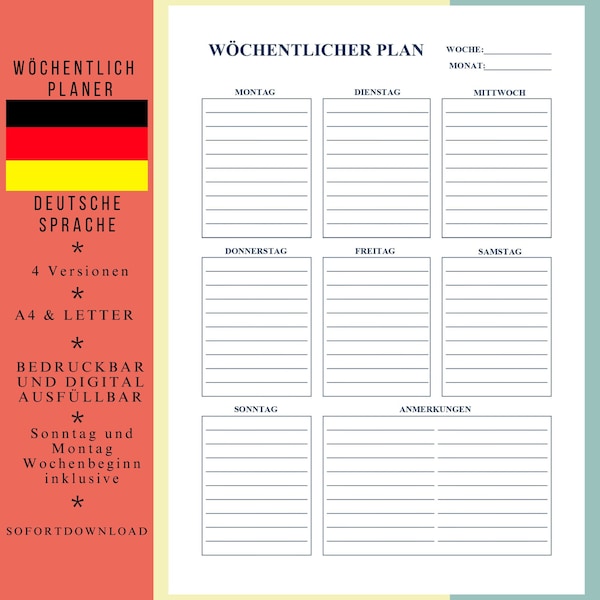 Wochenplaner duckbare Aufgabenliste, Porträt, minimalistischer Wochenplan, Wochenplaner, Büroplaner, A4/Letter