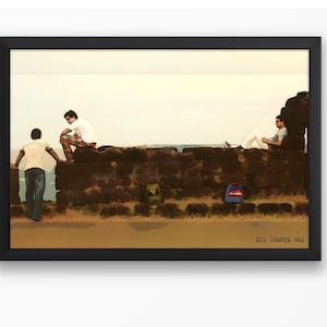May include: Three people are sitting on a stone wall. The person on the left is wearing a blue shirt and jeans. The person in the middle is wearing a white shirt and colorful pants. The person on the right is wearing a white shirt and white pants. The text "Dil Chahta Hai" is written at the bottom of the image.