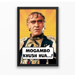 May include: A vintage-style poster featuring a man with a serious expression, wearing a dark suit with gold accents. The poster has a yellow background with a comic book-style pattern and a speech bubble that reads "MOGAMBO KHUSH HUA...!".