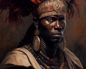 Puede incluir: Un retrato de una persona que lleva un tocado de plumas rojas y negras, joyas de oro y marcas faciales intrincadas. La persona lleva una prenda beige y tiene una tez oscura.