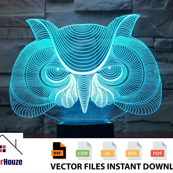 Owl 3D Illusion Acrylic Night Light, Acrylic Light, Acrylic Lamp Cdr Dxf Svg Ai Eps Pdf Laser Cut CNC Router Instant Download Vector Files