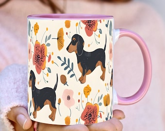 Dachshund 11 oz Coffee Mug, Coffee Cup, Doxie Mug, Dog Mug, Ceramic Mug, Wiener Dog, Floral Dachshund Mug, Cute Mug, Gifts, Wrap, Dog Lover