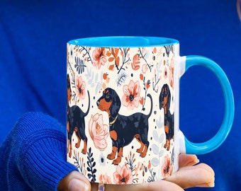 Dachshund 11 oz Coffee Mug, Coffee Cup, Doxie Mug, Dog Mug, Ceramic Mug, Wiener Dog, Floral Dachshund Mug, Cute Mug, Gifts, Wrap, Dog Lover