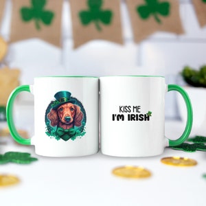 Dachshund Mug, Kiss Me I&#39;m Irish Mug, St. Patrick&#39;s Day Coffee Mug, St. Paddy&#39;s, Leprechaun, Irish, Clover, Holiday, Celebration, Gift,