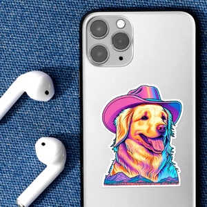 Sticker Golden Retriever, Sticker chien, Sticker chapeau de cowboy heureux, coloré, design mignon, ordinateur portable, bouteille d'eau ou voiture, cadeau pour les amoureux des chiens