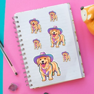 Autocollant Golden Retriever, autocollant pour chien, autocollant de chapeau de cowboy heureux, coloré, design mignon, ordinateur portable, bouteille d’eau ou voiture, cadeau pour les amoureux des chiens