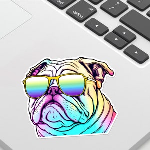 English Bulldog Sticker, Dog Sticker, Happy, Sunglasses, Sticker, Colorful, Cute Design, Laptop, Water Bottle, or Car, Gift for Dog Lovers