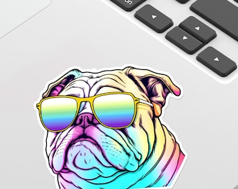 English Bulldog Sticker, Dog Sticker, Happy, Sunglasses, Sticker, Colorful, Cute Design, Laptop, Water Bottle, or Car, Gift for Dog Lovers