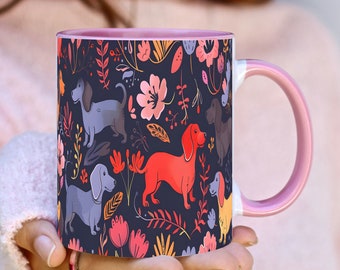 Dachshund 11 oz Coffee Mug, Coffee Cup, Doxie Mug, Dog Mug, Ceramic Mug, Wiener Dog, Floral Dachshund Mug, Cute Mug, Gifts, Wrap, Dog Lover