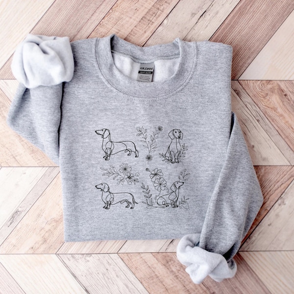 Dachshund Floral Sweatshirt, Flower Dachshund Hoodie, Line Art, Dog Lover, Dog Mom, Doxie, Wiener Dog, Cute Dog Sweatshirt, Gift for Wife