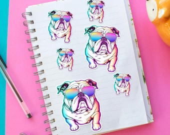 Adesivo Bulldog inglese, adesivo per cani, felice, occhiali da sole, adesivo, colorato, design carino, laptop, bottiglia d'acqua o auto, regalo per gli amanti dei cani