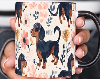 Dachshund 11 oz Coffee Mug, Coffee Cup, Doxie Mug, Dog Mug, Ceramic Mug, Wiener Dog, Floral Dachshund Mug, Cute Mug, Gifts, Wrap, Dog Lover