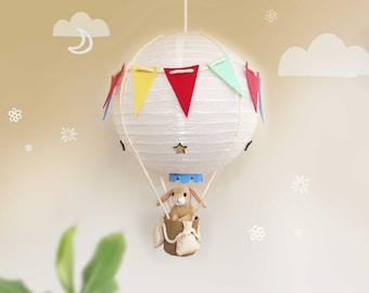 Hot Air Balloon Lampshade in Soft Colours with Handmade Hessian or Natural Wicker basket for Children's room, Nursery or Playroom.