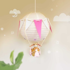 Hot Air Balloon Lampshade in Pink & Soft Grey with Natural Wicker basket for Children&#39;s room, Nursery or Playroom.